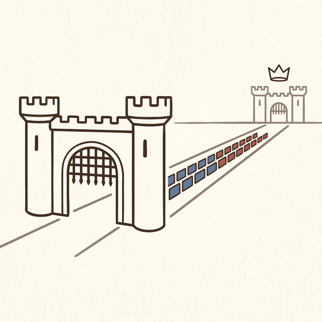 Keepfall — a castle gate with units marching toward a distant keep